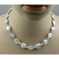 Keshi Perlenkette mit himmelblauem Larimar 46 cm lang