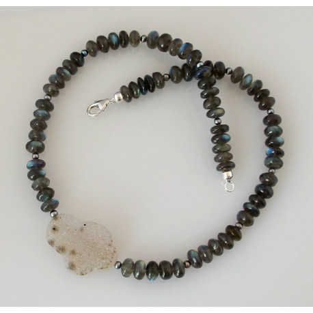Labradorit Kette mit Perlen und Drusy-Achat 46,5 cm-Edelsteinketten