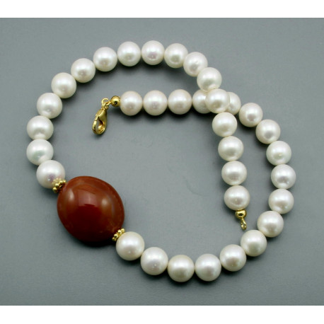 Perlenkette - weiße Süßwasser-Zuchtperlen mit Achat 46,5 cm-Perlenketten