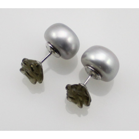 Ohrstecker Doubleface - Süßwasser-Perle und Rauchquarz-Perlen-Ohrringe