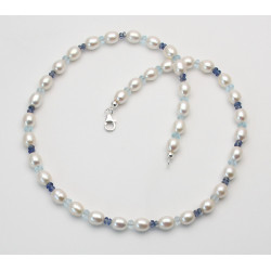 Süßwasser-Perlenkette mit Blau-Topas & Kyanit 48 cm