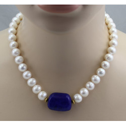Süßwasser-Perlenkette weiß mit Lapislazuli 47 cm