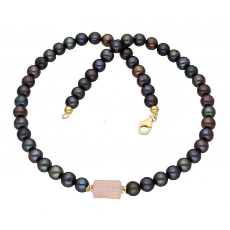 Süßwasser-Perlenkette in dunkelgrau mit Rosenquarz 49 cm lang-Perlenketten