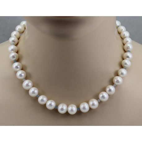 Perlenkette - große weiße Süßwasser-Perlen mit Aquamarin 46,5 cm-Perlenschmuck