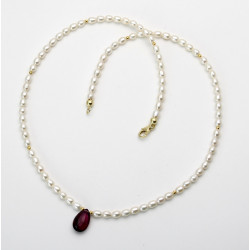 Perlenkette mit Rubellit - weiße Süßwasser-Perlen mit rotem Turmalin Tropfen