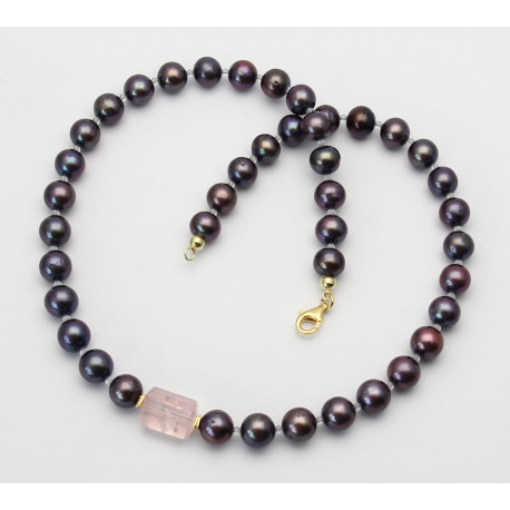 Süßwasser-Perlenkette mocca mit Rosenquarz 53 cm lang-Perlenketten