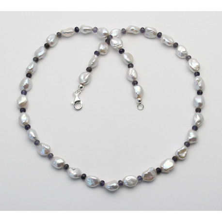 Perlenkette mit Iolith - weiße Keshi Süßwasser-Perlen mit Wassersaphir 47 cm-Perlenketten