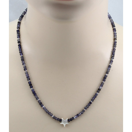 Iolith-Kette blau facettiert mit grauen Perlen & Stern in 51 cm Länge-Edelsteinketten