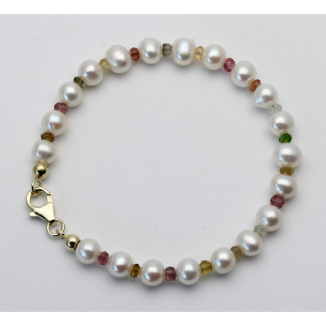 Perlenarmband - weiße Süßwasserperlen mit bunten Turmalinen 18,5 cm lang-Perlen-Armbänder
