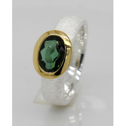 Silber-Ring mattiert mit blau-grünem Turmalin - Indigolith - in vergoldeter Fassung Ringgröße 54