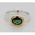 Silber-Ring mattiert mit blau-grünem Turmalin - Indigolith - in vergoldeter Fassung Ringgröße 54-Silberringe
