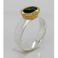 Silber-Ring mattiert mit blau-grünem Turmalin - Indigolith - in vergoldeter Fassung Ringgröße 54-Silberringe
