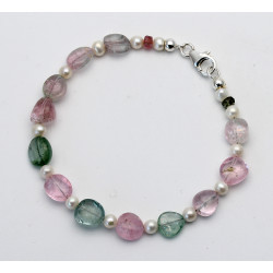 Turmalin Armband - hellgrüne und rosa Turmaline mit Perlen 18,5 cm
