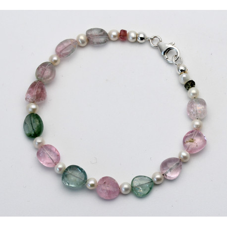 Turmalin Armband - hellgrüne und rosa Turmaline mit Perlen 18,5 cm-Edelstein-Armbänder