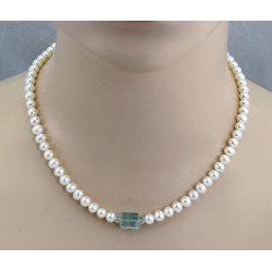 Perlenkette mit Aqua - weiße Süßwasser-Perlen mit Aquamarin Kristall 46,5 cm lang