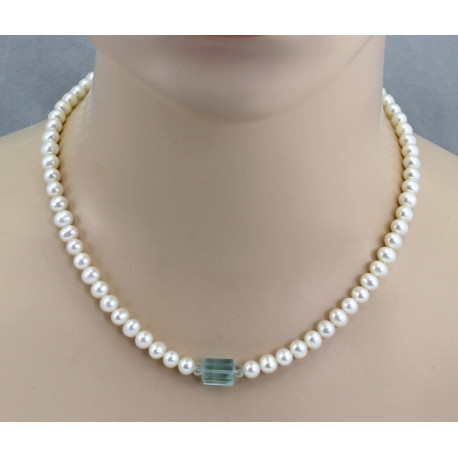 Perlenkette mit Aqua - weiße Süßwasser-Perlen mit Aquamarin Kristall 46,5 cm lang-Perlenketten