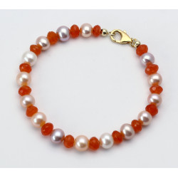 Perlen Armband mit Karneol - Süßwasserperlen in Lachs Apricot und Weiß mit Karneol 21 cm lang