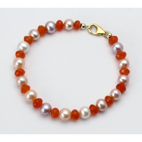 Perlen Armband mit Karneol - Süßwasserperlen in Lachs Apricot und Weiß mit Karneol 21 cm lang-Perlen-Armbänder