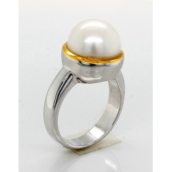 Silber-Ring mit weißer Süßwasser-Perle in vergoldeter Fassung Gr. 55