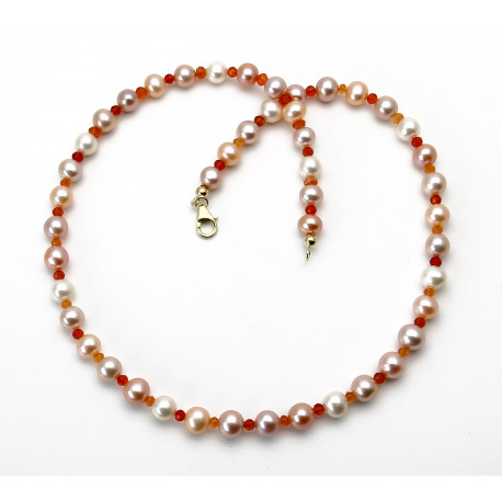 Perlenkette - runde Süßwasser Zuchtperlen multicolour natur mit Karneol 45,5 cm lang-Perlenketten