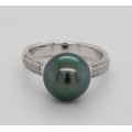 Silberring mit anthrazit-grauer Tahiti-Perle 11,5 mm rund Ringgröße 56-Silberringe