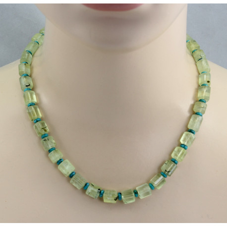 Prehnit Kette - hellgrüne Prehnit Kristalle mit Türkis Rondellen in 48 cm Länge-Edelsteinketten