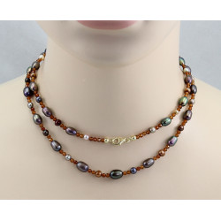 Granat-Kette mit Perlen lange Hessonitgranat Halskette mit dunklen Perlen 85 cm lang