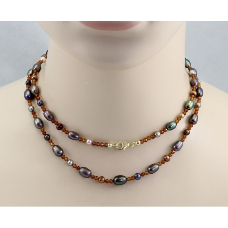 Granat-Kette mit Perlen lange Hessonitgranat Halskette mit dunklen Perlen 85 cm lang-Edelsteinketten