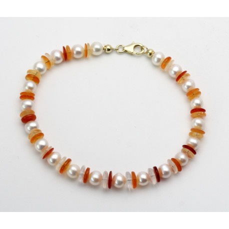 Perlenarmband mit Opal weiße Süßwasser-perlen mit Feueropal aus Mexiko 22,5 cm-Edelstein-Armbänder