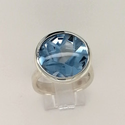 Topas Ring Blau-Topas Bufftop 16 mm rund Silberring Ringgröße 60