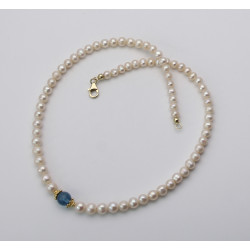 Perlenkette weiße Süßwasser-Perlen mit Aquamarin 44 cm