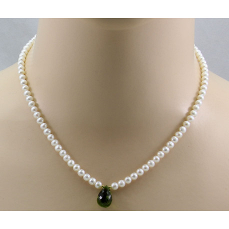 Perlenkette - weiße Süßwasser-Perlen mit Turmalin Tropfen 44 cm lang-Perlenketten