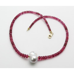 Rubellit-Kette rosarote Turmaline mit großer weißer Ming-Perle in 43 cm Länge