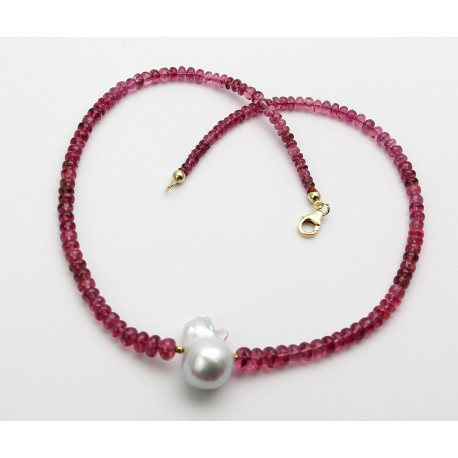 Rubellit-Kette rosarote Turmaline mit großer weißer Ming-Perle in 43 cm Länge-Edelsteinketten