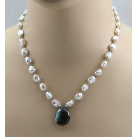 Perlenkette mit Labradorit - Keshi Perlen mit großem Labradorit Tropfen 47 cm lang-Perlenketten