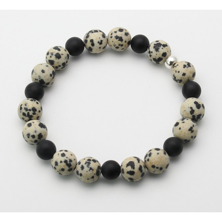 Dalmatiner-Jaspis Armband mattiert mit Onyx dehnbar 19 cm lang-Edelstein-Armbänder