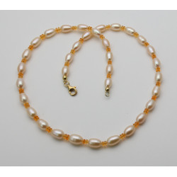 Perlenkette - Süßwasserperlen peach mit orangenen Feueropal 48,5 cm lang-Perlenketten