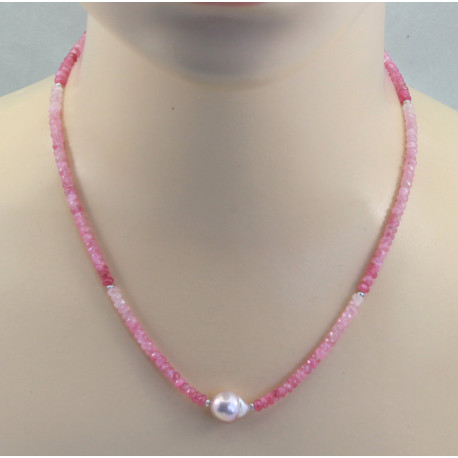 Rubellit Kette rosa Turmalinkette im Farbverlauf mit Perle 48 cm lang-Edelsteinketten