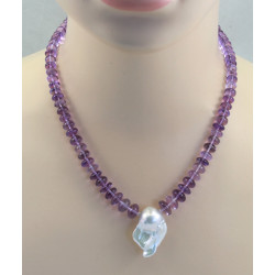 Amethyst Kette helle Amethyst Rondelle mit großer weißer Perle Halskette in 48,5 cm Länge