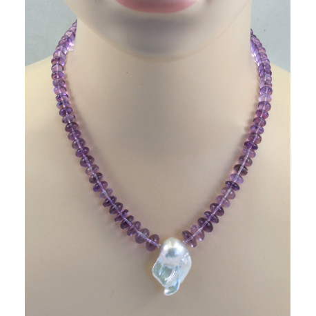 Amethyst Kette helle Amethyst Rondelle mit großer weißer Perle Halskette in 48,5 cm Länge-Edelsteinketten
