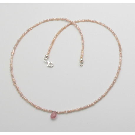 Perlenkette - feine Süßwasserperlen in apricot mit Rosa Turmalin Tropfen 47 cm lang-Perlenketten
