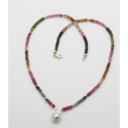 Turmalin Kette multicolour facettiert mit weißer Ming-Perle 46,5 cm lang