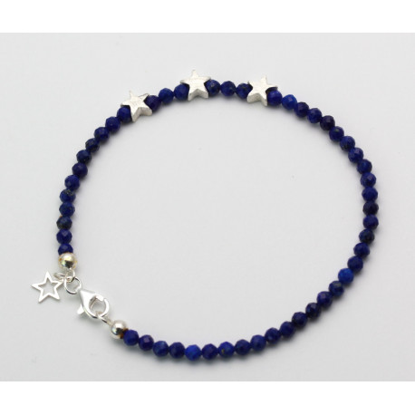 Lapislazuli Armband "Star" facettierter blauer Lapislazuli mit Silber-Sternen19,5 cm lang-Edelstein-Armbänder