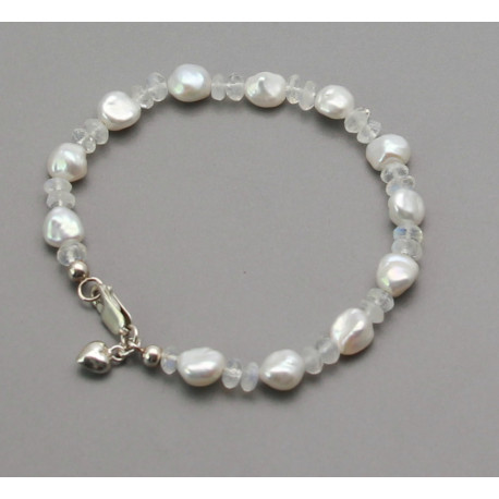 Mondstein Armband Regenbogen-Mondstein facettiert mit Keshi-perle und einem Herz aus Silber 19,5 cm-Edelstein-Armbänder