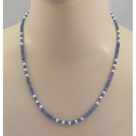 Saphirkette mittelblaue Saphir Rondelle facettiert mit Perle 53 cm lang-Edelsteinketten