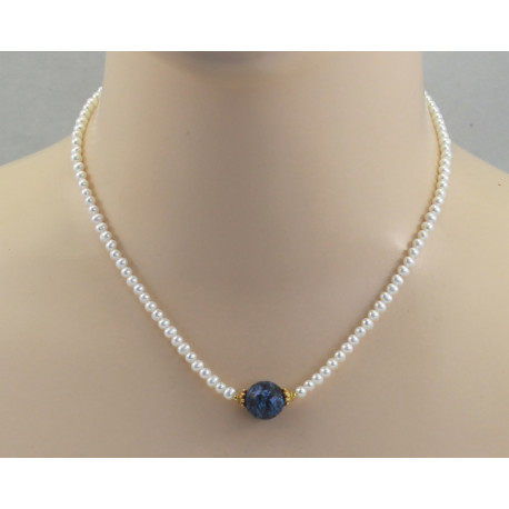 Perlenkette feine weiße Süßwasser-perlen mit großer Dumortierit Kugel 44 cm lang-Perlenketten