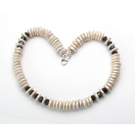 Perlenkette - flache runde Süßwasser-perlen "Coin" mit Labradorit 44 cm lang-Perlenketten
