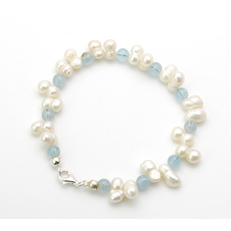 Perlenarmband weiß mit hellblauen Aquamarin Kugeln 20,5 cm lang-Perlen-Armbänder