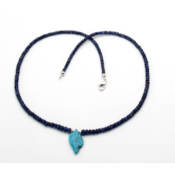 Blaue Saphir Kette facettiert mit Türkis Gravur 44 cm lang