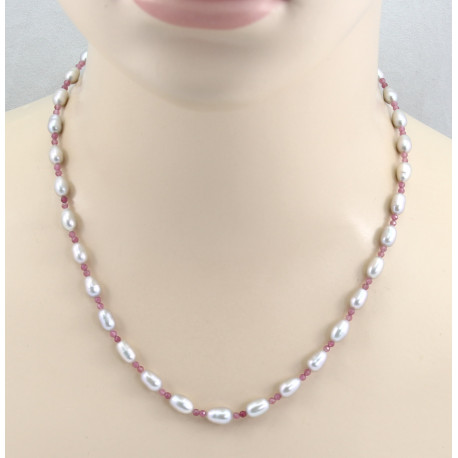 Süßwasser-Perlenkette in Silbergrau mit Rosa Turmalin 48 cm lang-Perlenketten
